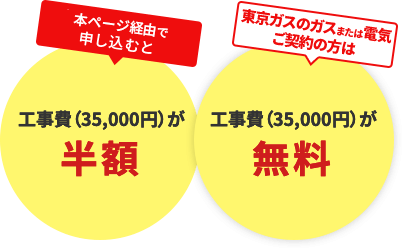 本WEBサイト経由で申し込むと工事費（35,000円）が半額　東京ガスのガスまたは電気ご契約の方は工事費（35,000円）が無料