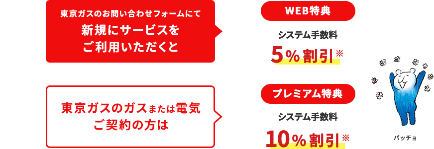 東京ガスのお問い合わせフォームにて新規にサービスをご利用いただくと
								WEB特典
								システム手数料5%割引※
								東京ガスのガスまたは電気ご契約の方は
								プレミアム特典
								システム手数料10%割引※