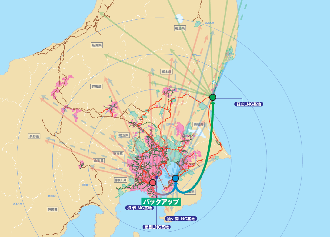 東京ガスのLNG基地とガス供給エリアを示した地図