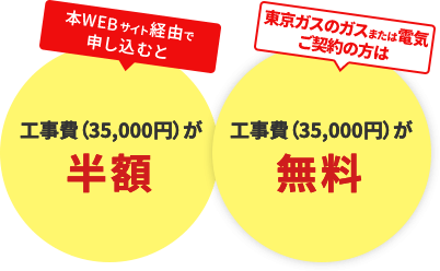 本WEBサイト経由で申し込むと工事費（35,000円）が半額　東京ガスのガスまたは電気ご契約の方は工事費（35,000円）が無料