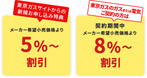 東京ガスサイトからの新規お申し込み特典 メーカー希望小売価格より 5%～割引 東京ガスのガスまたは電気ご契約の方は 契約期間中メーカー希望小売価格より 8%～割引