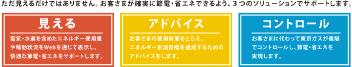 ただ見えるだけではありません。お客さまが確実に節電・省エネできるよう、3つのソリューションでサポートします。 [見える] 電気・水道を含めたエネルギー使用量や稼働状況をWebを通じて表示し、快適な節電・省エネをサポートします。 [アドバイス] お客さまの使用実態をとらえ、エネルギー削減目標を達成するためのアドバイスをします。 [コントロール] お客さまに代わって東京ガスが遠隔でコントロールし、節電・省エネを実現します。